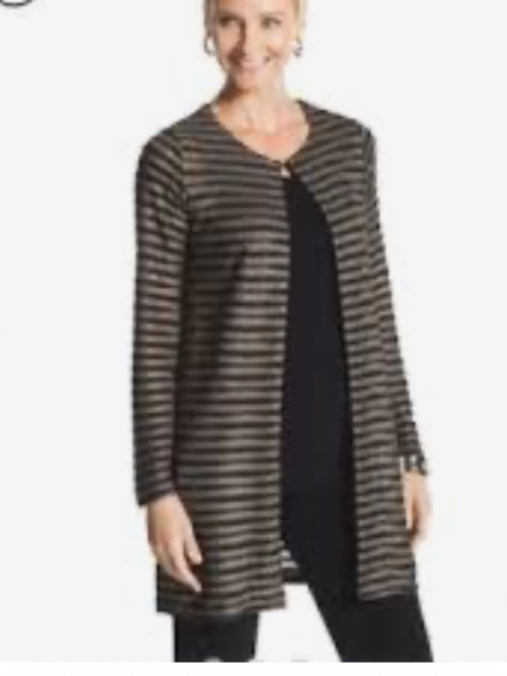 Chico's Black and Taupe Striped Long Cardigan